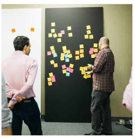 Men with backs turned placing sticky notes on black wall